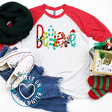 Christmas ~ Believe ~ on Next Level Unisex Baseball Tee