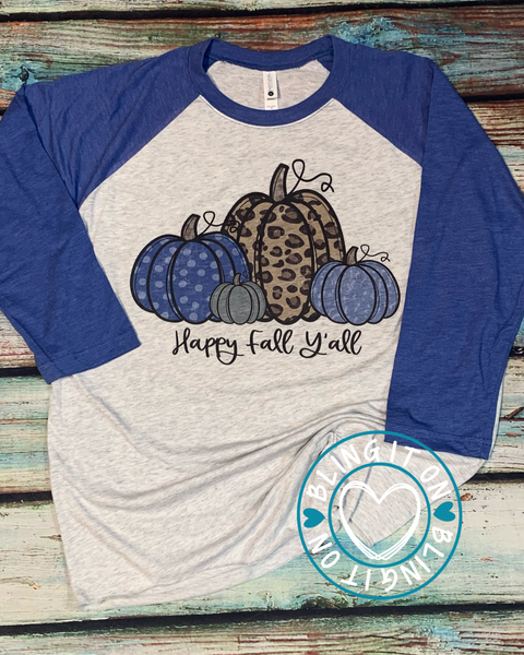 Happy Fall Y'all with blue and leopard pumpkins on Next Level baseball tee