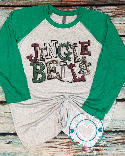 Jingle Bells Christmas design on Next Level baseball tee