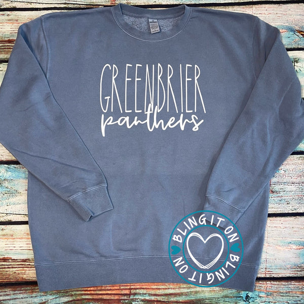 Greenbrier Panthers on pigment washed sweatshirt